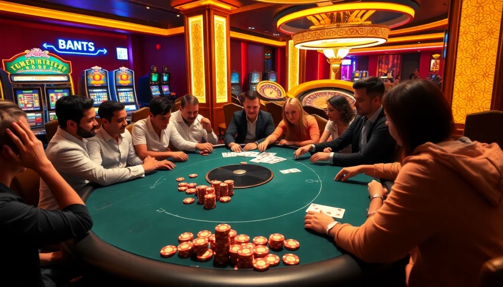 Players enjoying a thrilling game at a vibrant casino table, embodying the excitement of boosterjp gaming.