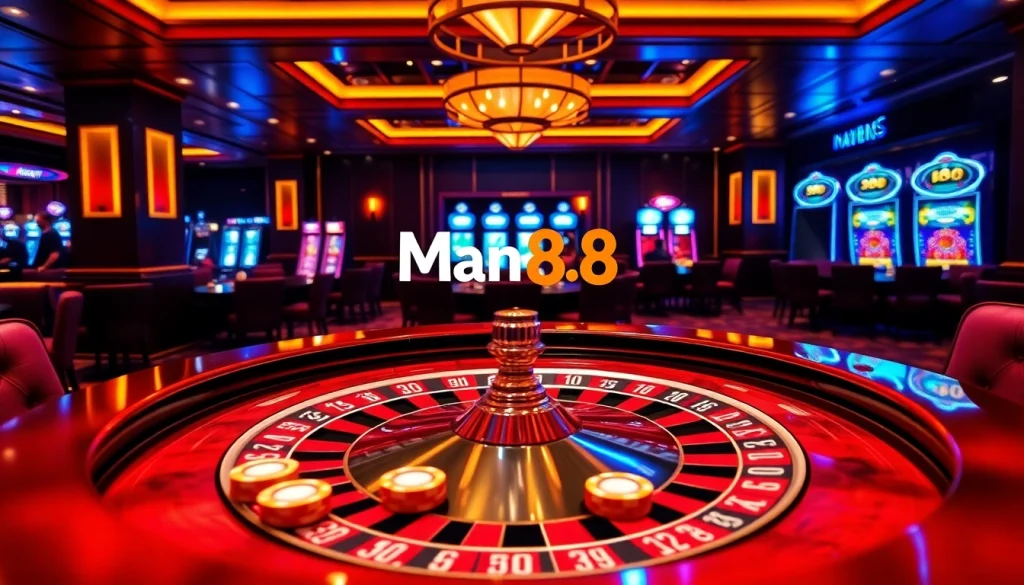 Man88 offers an exciting roulette experience with vibrant chips and an elegant casino atmosphere.