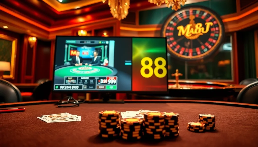 Engaging Man88 online casino scene depicting poker gameplay, roulette wheel, and vibrant casino atmosphere.