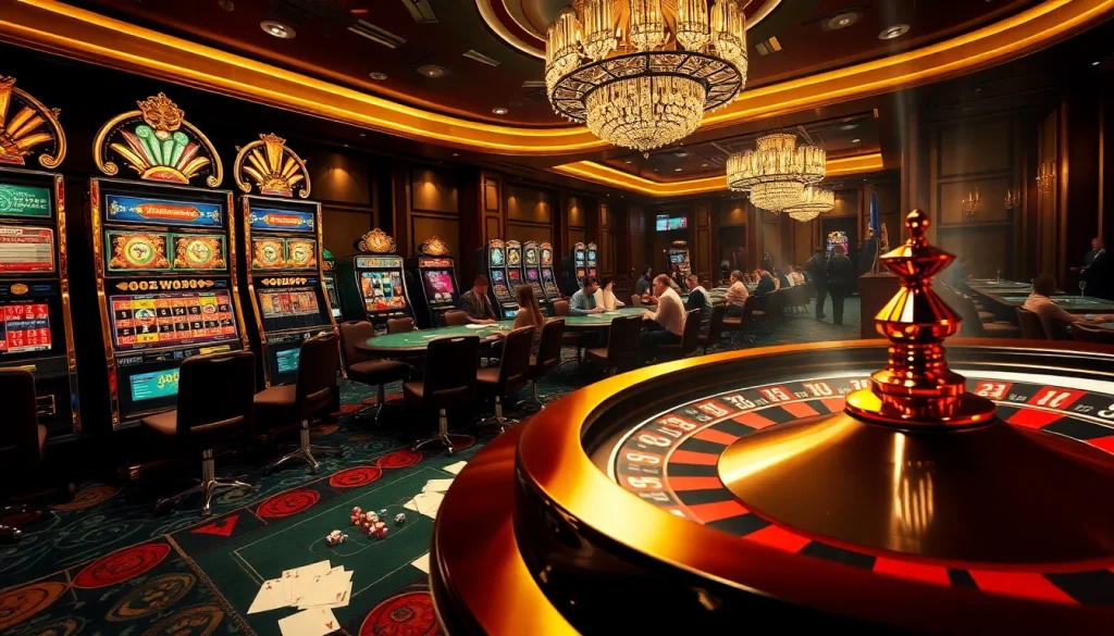 Winstrike69 luxury casino atmosphere with vibrant slot machines and poker games.