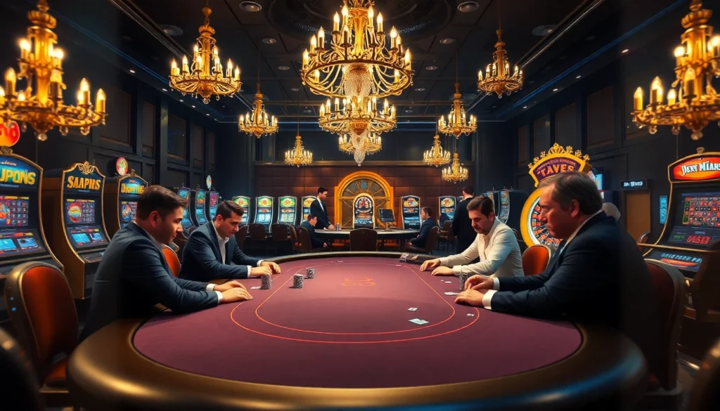 Players strategizing at a luxury poker table in a vibrant casino setting featuring 'raja 88' elements.
