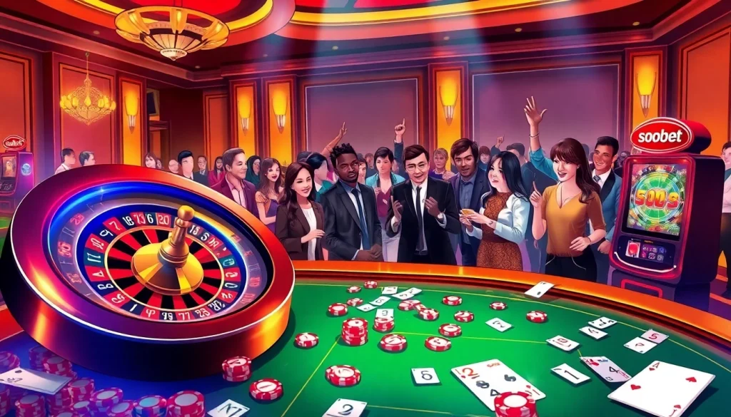 Gamblers placing bets on sbobet at a luxurious casino, surrounded by vibrant gaming elements.
