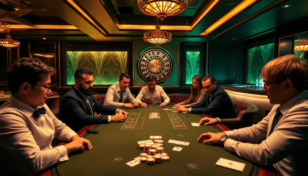 Players enjoying a thrilling game at ClubGG poker club table in a luxurious casino setting.