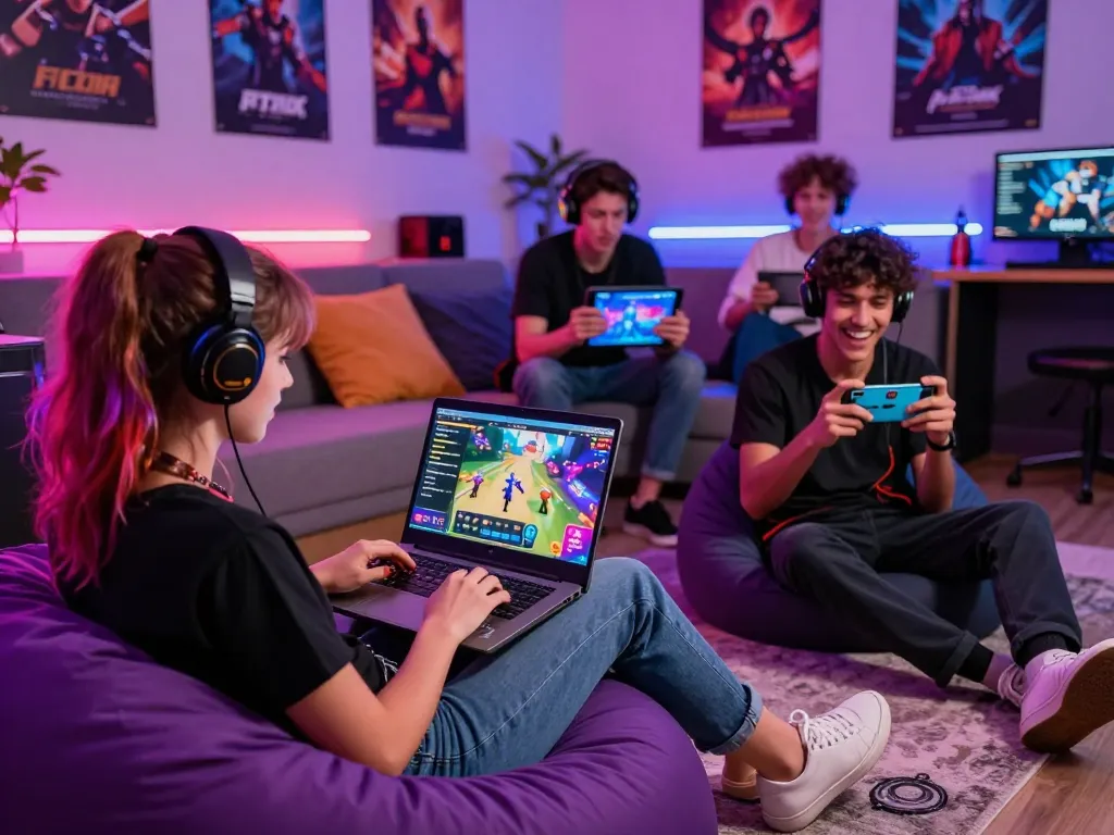 Engaged gamers playing html porn games in a vibrant and fun setting.