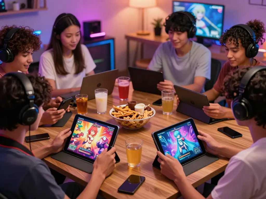 Players enjoying porngames on various devices in a cozy gaming setup.