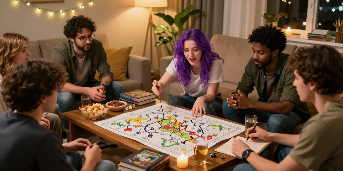 Engaged group in a cozy living room explores AI roleplay through a tabletop RPG session, showcasing vibrant storytelling.