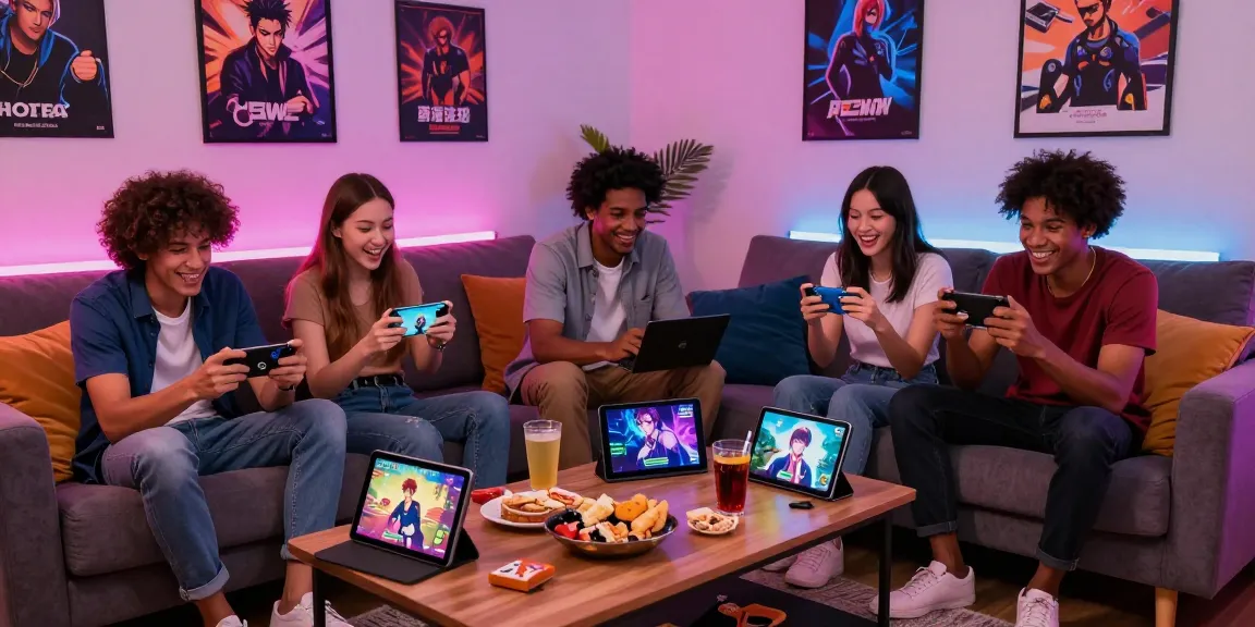 Friends enjoying a hentai game together in a cozy living room setting with ambient lighting.