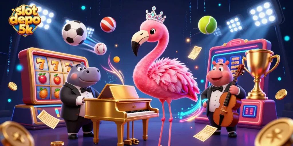 Engage with slot depo 5k in a vibrant casino scene featuring a flamingo singer and hippo bassist amidst flying slot reels.