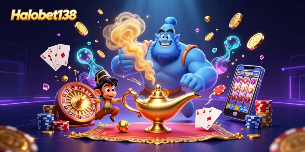Experience the thrilling Halobet138 casino with a vibrant scene filled with genie, poker chips, and gold coins.
