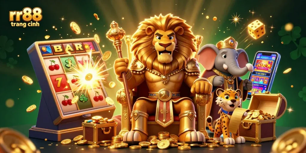 Experience thrilling online gaming at rr88 trang chính with a majestic lion king, advising elephant, and swift cheetah amidst game wins.