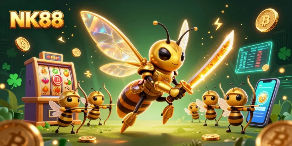 Experience NK88's vibrant gaming scene with a golden hornet samurai amidst crypto coins and slot elements.