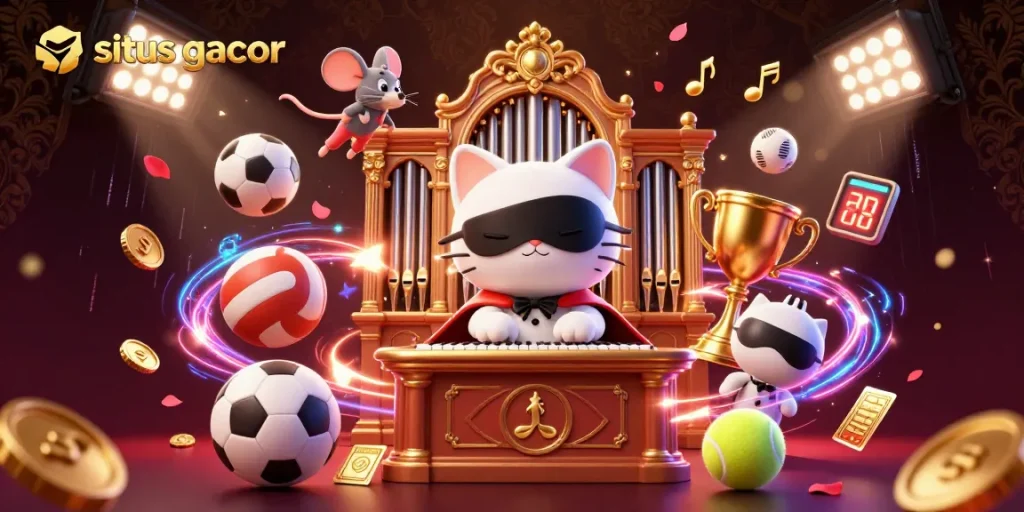 Experience the excitement of situs gacor with a dynamic casino scene featuring a phantom cat at a grand organ, lively sports elements, and riches.